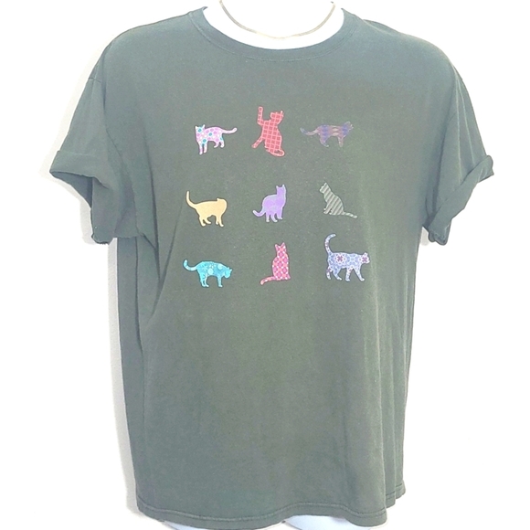 Kitty Cat Tshirt 100% Cotton Army Green XL Distressed  pilled Soft Comfy - Picture 2 of 5